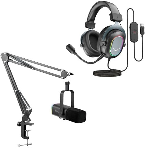 FIFINE XLR Mikrofon mit Arm und Gaming Headset, USB Streaming Microphone und RGB Headphone mit Kabel 3 EQ Modi, für Podcast Studio MacOS Windows PS4 PS5 (AM8T+H6)