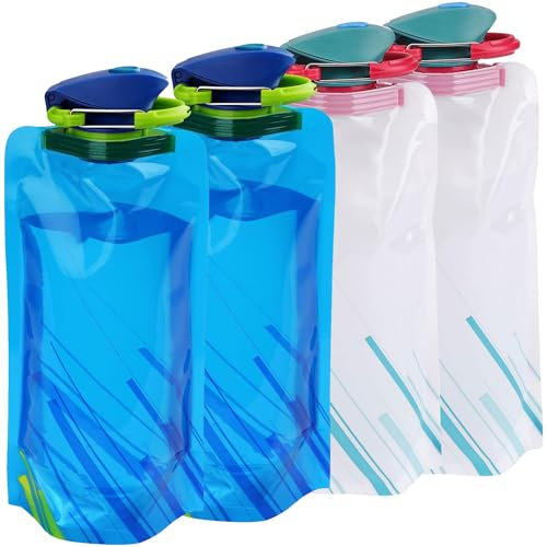 VIEVRE 4 botellas de agua plegables, reutilizables, sin BPA, plegables para festivales, senderismo, viajes, aventuras, accesorios para festivales, color azul y blanco