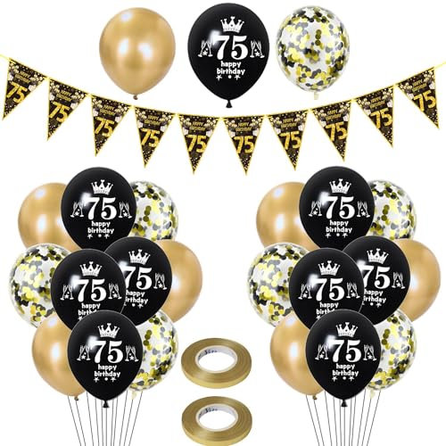 Luftballons 75. Geburtstag Mann Frauen deko,23 Pcs Schwarz gold Latex ballons,Girlande 75 Geburtstag Party Dekorationen Luftballons für Frauen Männer Geburtstagsdeko 75 Jahre Mann Wimpelkette