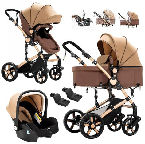 Reenborn Passeggino Trio, Passeggino 3 in 1 con Due Modi Reversibili Spingere, Trio Neonati con Telaio Alluminio Paesaggistico Alto, Design Pieghevole in Un Clic (588 Khaki)