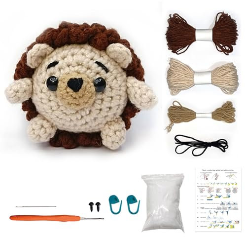 MJARTORIA Strickset Häkelset für Anfänger Tiere, Häckeln Stricken für Anfänger Set mit Anleitung, Kreativ Strickset Bastelset Erwachsene Kinder Geschenk(Braun Igel)