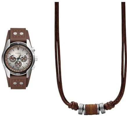 Fossil Coachman Uhr für Herren, Chronographenwerk mit Edelstahl- oder Lederarmband, Braun, 45MM & Herren Halskette aus Edelstahl und Leder 0.6 x 41.1 x 2.2