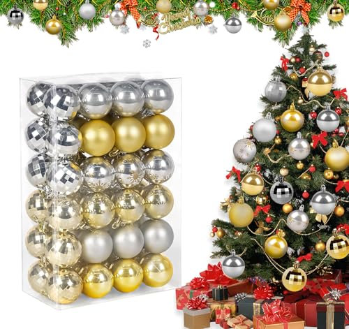 ilauke 48 Bolas de Navidad Doradas y Plateadas, 5cm Adornos Inastillables, 8 Estilos para Árbol, Decoraciones Colgantes para Boda, Fiesta, Hogar