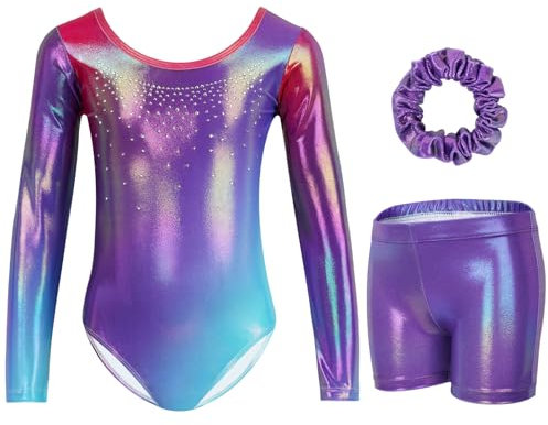Gogokids Body da ginnastica per ragazze, a maniche lunghe, con strass scintillanti, per danza con pantaloncini, per 3-12 anni, C-viola, 5-6 Anni