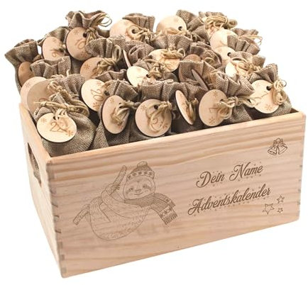Adventskalender mit Name, Adventskalender zum Befüllen, Adventskiste Kinder, Adventskalender Kinder, Adventskiste personalisiert, Weihnachtskalender aus Nadel-Holz mit Namen Faultier