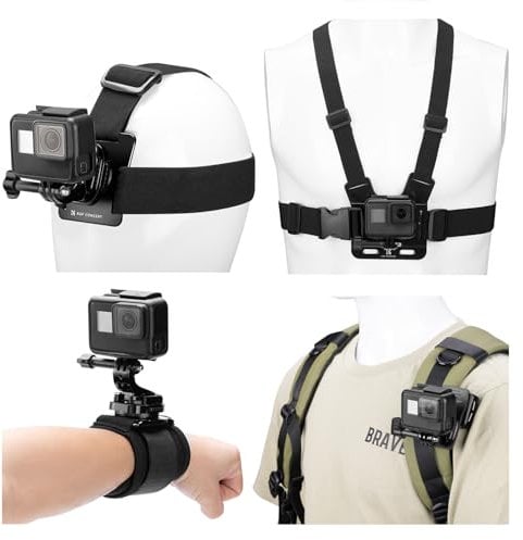 K&F Concept 4-in-1 Adjustable Chest Strap, Head mount, 360° Rotating Wrist Band, Backpack Clip, with Phone Holder, Quick Release Compatible with Gopro AKASO Insta DJI osmo Action Cameras Accessories