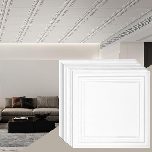 VEVOR Deckenpaneele, 48er-Set 503x503mm, Deckenplatten aus hochwertigem Polystyrol, Kunststoff-Deckenfliesen zum Aufkleben, Wandpaneele, Deckenverkleidung als Dekoration für Zuhause/Büro, Weiß