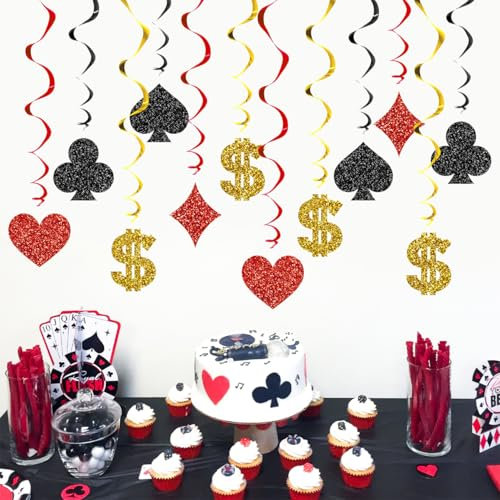 GAKA FAVOR 30 Stücke Casino Spiral Girlande Deko, Poker Wirbel Deckenhänger Schwarz Rot für Casino Party Deko