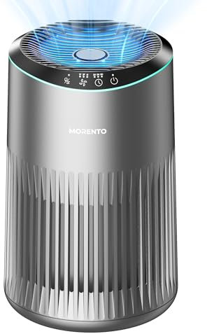 MORENTO Air Purifiers for Home, Air Purifier for Smoke Pet Dander Odors with Fragrance Sponge, Small Air Purifier with Sleep Mode for Bedroom Office, Blue Ambient Light, MR2566, Light Grey, 1 Pack