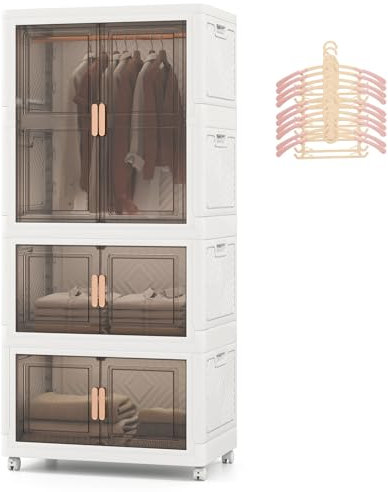COSTWAY Portable Wardrobe with 10 Retractable Hangers, 421L Foldable Plastic Clothes Cabinet with Doors and 4 Wheels, Mobile Collapsible Stackable Storage Boxes Containers Closet Organizer for Bedroom