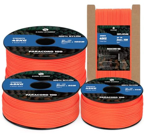Kamu Synber 2mm Paracord 15M 100% Nylon Rope 1 Strand Type I Parachute Cord for Crafting, Outdoor, DIY, Camping | Support 45kg | Neon Orange