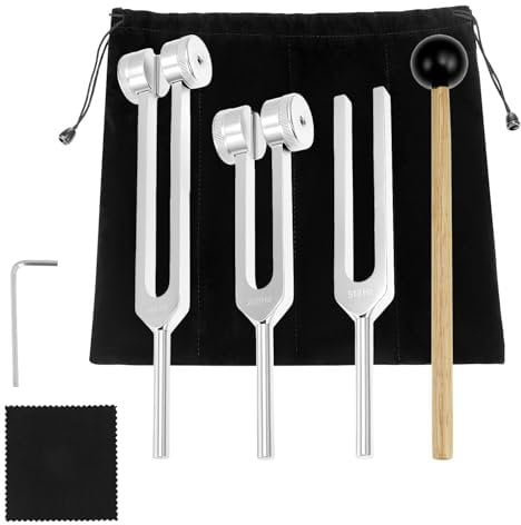 QWORK® Stimmgabel Hammer Set 128 256 512 Hz Frequenzen für Klangheilung, Meditation und Entspannung - Aluminiumlegierung Stimmgabel mit Silikonhammer