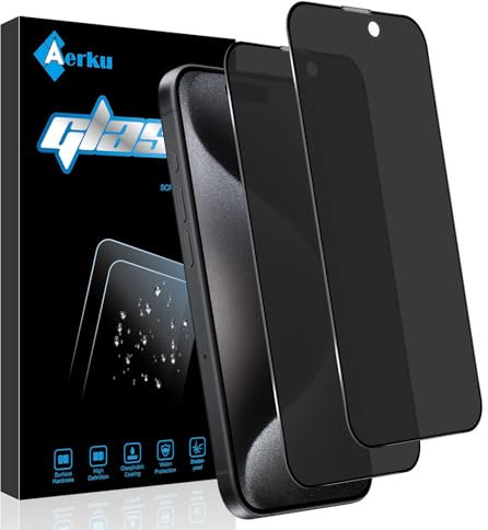 Aerku 2 Pièces Couverture Complète Mat Verre Trempé Anti-espion Compatible avec iPhone 15 Pro Max 6.7, Mate Protection écran de Confidentialité, Dureté 9H Anti-Spy Privacy Matt Vitre Protecteur