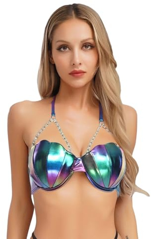 Sywiyi Damen Glänzend Muschel BH Bikini Oberteil Neckholder BH Bra Tops mit Bügel Rückenfrei Meerjungfrau Kostüm Fasching Karneval Kostüm