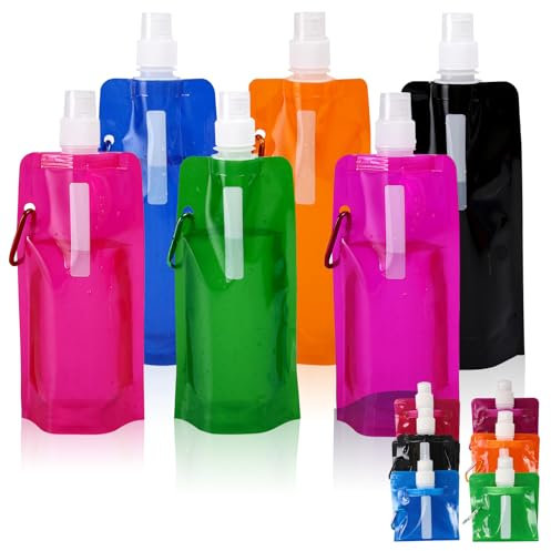 EOAMGO Faltbare Trinkflasche 500ml, 6 Stück Trinkbeutel Festival, BPA-frei, mit Karabiner, wiederverwendbare Faltflasche für Fahrrad, Camping, Sport