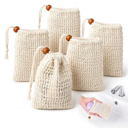 5 Pack Natural Sisal Soap Saver Bags Exfoliating Drawstring Pouches | Biodegradable zero-waste, gentle exfoliation & rich lather, quick-dry hygienic, travel-friendly, 5-pack value set