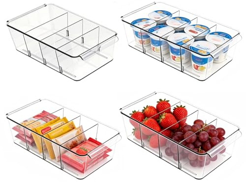 AIYULONG 4 Pack Fridge Organisers,XLarge Food Storage Containers with Dividers & handles for Pantry,Kitchen Storage & Organisation,Clear Cupboard Drawer Organiser for Snack,Spice Packet