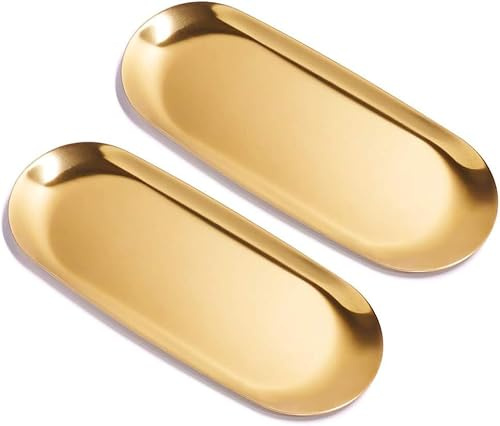 2 Sets Gold Trinket Serving Tray, ANZOME Oval Stainless Steel Tray Towel Storage Dish Plate, Tea Fruit Trays Cosmetics Jewelry Plate used in Bedroom, Kitchen, Living Room, Bathroom and Outdoors