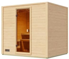 Karibu Gartensauna 230,8x189,9x219,5cm│Garten Sauna aus Fichte 38mm│mit bronzierter Glastür & 2 Liegen│Fronteinstieg│Massivholz│für 2–4 Personen mit Boden