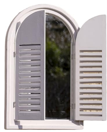 Darthome White Arched Shutter Window Garden Mirror, Outdoor French Country Wall Decor with Louvre Shutters, Wood and Glass, 37x60x5cm