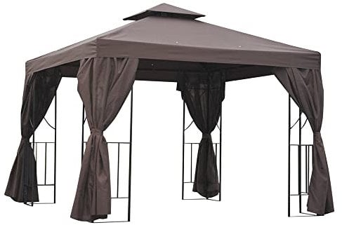 Outsunny 3 x 3 m Garden Gazebo Double Roof Marquee Patio Wedding Party Tent Canopy Shelter with Sidewalls, (Brown)