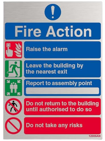 V Safety General Fire Action 5 Message Risks Sign - 150mm x 200mm - 3mm Brushed Alu Comp