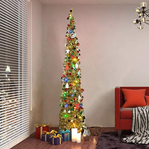 5FT Pop Up Christmas Tree, Christmas Pencil Tree with Sequin Tinsel Popup Collapsible with Stand for Holiday, Apartment, Party, Home, Office, Xmas Decorations(Gold Multicolor)