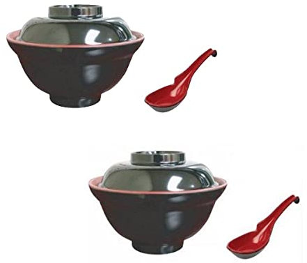JapanBargain, Set of 2 Soup Bowl with Lid and Spoon for Miso Soup Rice Poke Donburi Noodle Pasta Cereal Black and Red Color Japanese Style with Hook Spoon, 21 oz