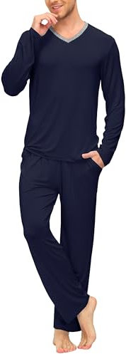 MoFiz Mens Pyjamas Set Loungewear Plain Long Sleeves V-Neck T-Shirt & Trousers Pajama Pjs Set Nightwear Sleepwear Navy Size US L