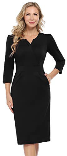 KOJOOIN Women's Work Dress Vintage Bodycon V Neck Pencil Dresses, Business Workwear Slim Dress Black XL