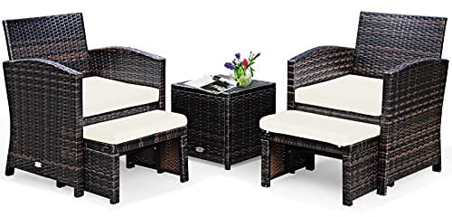 COSTWAY Salon de Jardin 5 Pièces, Ensemble de Meuble de Terrasse en Rotin PE avec Coussin, Table Basse en Verre Trempé pour Véranda, Patio, Balcon, Piscine (Marron+Blanc)
