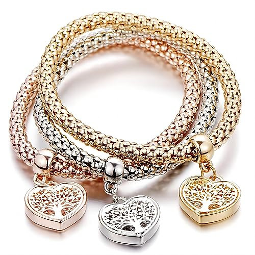3 Stück Armband Damen mit Lebensbaum Anhänger I Baum des Lebens Maiskette Armbände Verstellbar Armkette Valentinstag Muttertag Weihnachten Geschenk für Sie Frauen Freundin mama(Gold, Roségold, Silber)