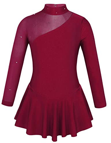 iEFiEL Mädchen Ballettkleid Glitzer Eiskunstlauf Kleid Kinder Swing Schaukel Tanzkleid Ballettanzug Langarm Body Trikot Turnanzug Rot (Weinrot) 140