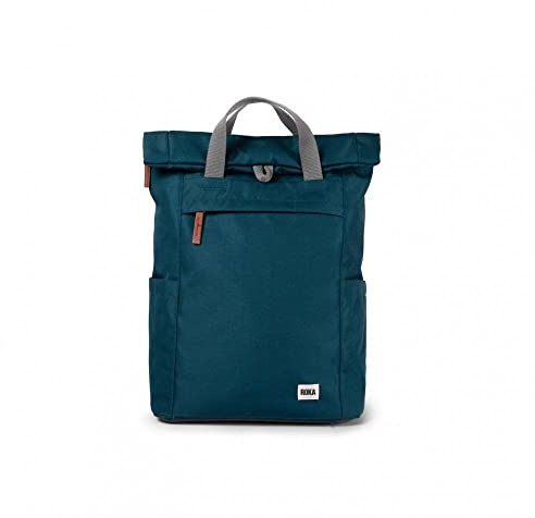 ROKA London Finchley A Medium Recycled Canvas (Teal) | Roll top backpack with spacious storage, padded laptop sleeve, side bottle pockets, secret pocket and adjustable straps