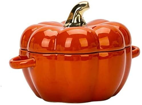 Ceramics Pumpkin Bowl, Souffle Dish Ramekins for Baking with Lid, Microwave Oven Safe Round Bowl for Pie Pasta Roasted Vegetables Baked Desserts (Orange)