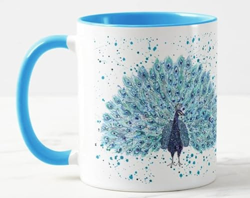 Vixar Peacock Bird Watercolour Art Coloured Mug Cup Gift Birthday Work Office Christmas Tea Coffee (L Blue)