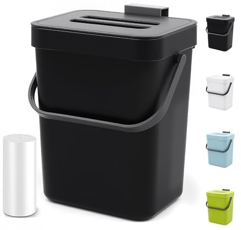 MONGTINGLU Komposteimer für die Arbeitsplatte, hängend, kleiner Mülleimer mit Deckel, für Küche, Bad, unter der Spüle, Küchenabfalleimer, Innenbereich, Komposteimer mit Deckel, 5 l (Schwarz)