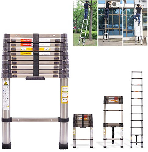 Folding Ladder 10.5ft/ 3.2m Telescopic Multifunctional Foldable Loft Climbing Ladder Retractable Extentable Ladder for Home Stairs Window Cleaning Garden Working, Stainless Steel Ladder