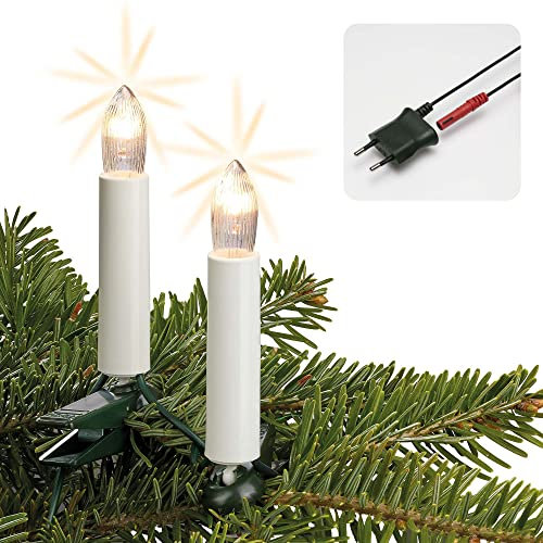Hellum Lichterkette Weihnachtsbaum Made in Germany, 9,8m beleuchtet mit 15 weißen Riffelkerzen und Clip, Lichterkette innen, Kabel grün, teilbarer Stecker, klar Glühfaden, 3 Ersatzkerzen <59 lm 430110