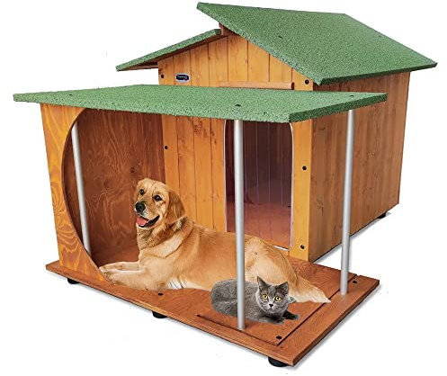Hundehütte Alpina für Hunde und Katzen mit Veranda aus robustem Massivholz gegen Beißen (Hundehütte Pastore)