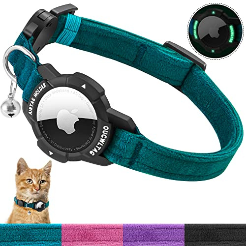 OUCWLTAG Leuchtendes AirTag-Katzenhalsband mit Sicherheitsverschluss, GPS-Katzenhalsband mit Apple-Air Tag-Halterung, mit Sicherheitsgummiband, für Katzen, Kätzchen und Welpen, Blau, 22,9 bis 33 cm