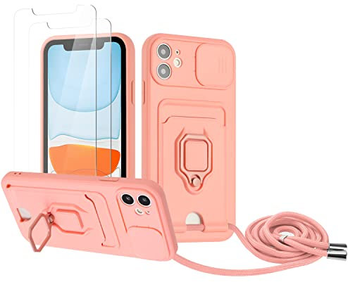 Zallagre Cordon de Coque Compatible avec iPhone 11,[2 Pièces] Verre Trempé,Lentille Coulissante Couverture,360 Degrés Bague Rotatif Support,Fentes pour Cartes-Rose