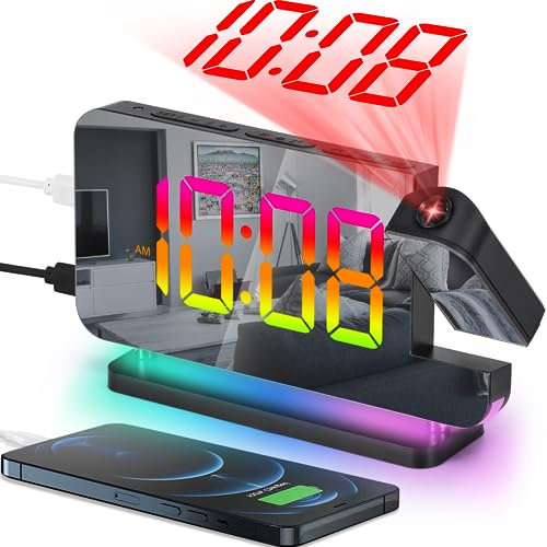 SZELAM Projection Alarm Clock, 7.4 IN Digital Mirror Clocks,with 180° Rotatable Projector, RGB Night Light,USB C Charger Port, Auto Dimmer, LED Desk Clock for Bedroom - Black