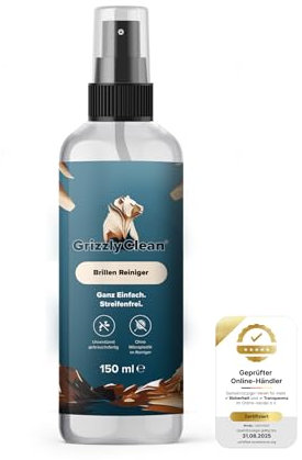 GrizzlyClean effektiver Brillen Reiniger - Brillengläser Reiniger für streifenfreien Glanz - Intensives Brillen Reinigungs Spray - Reinigungsspray für Lese-, Sport- und Sonnenbrillen (150ml)