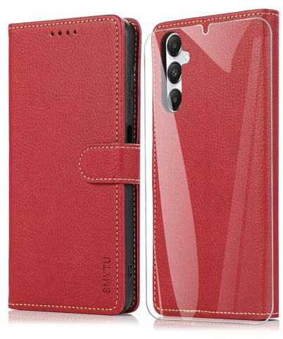 SMYTU Coque pour Samsung Galaxy A05s 4G (6.7'') + Verre Trempé, Protection Portefeuille Case Cover de Magnétique, Housse en Cuir Rouge