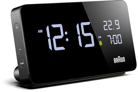 Braun Digital Alarm Clock with LCD Display, 2x USB-C ports for charging of other devices, Time and Date Display, Touch Snooze, Quick Set, in Black, model BC20B.