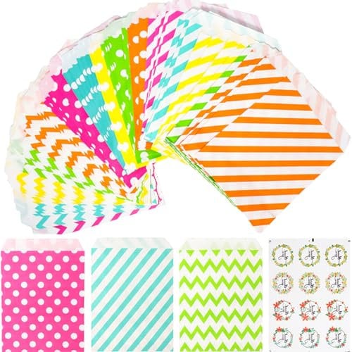 Papiertüten Candy Bar Tüten Geschenktüten - 105 Stück Bunt Butterbrottüten Süßigkeiten für Candybar Brottüten Hochzeit mit 108 Aufkleber 13x18 cm