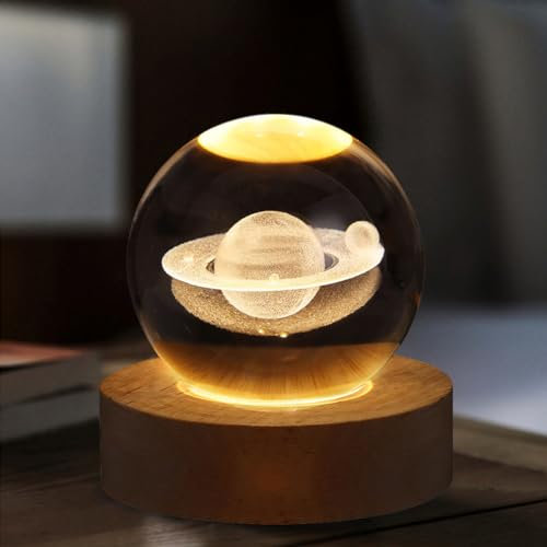 RuiDay Veilleuse Boule de Cristal 3D,Boule de Cristal de La Galaxie Spatiale,Lampe de Nuit Boule de Verre avec Base en Bois,Veilleuse LED de La Galaxie,Boule Cristals Système Solaire