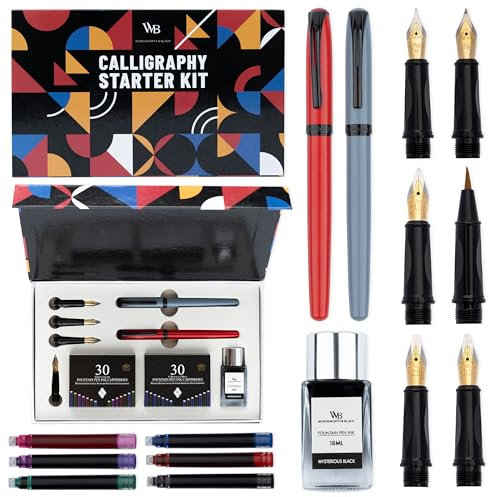 Wordsworth and Black Kalligraphie-Stiftset - Grau - 2 Kalligraphie-Stifte, 18-ML-Tintenflasche, 60 Tintenpatronen, Tintenauffüllkonverter, 1 mittlere und 4 breite Federn, Pinselstift