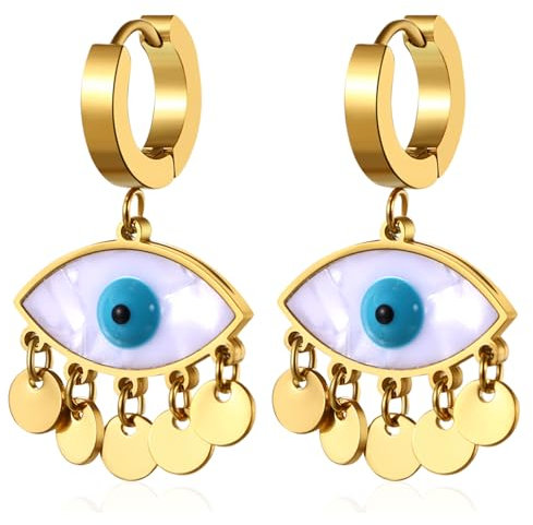 JewelryWe Böser Blick Ohrringe: Gold Edelstahl Strass Creolen Mit Baumelnde Augen Kreis Quasten Evil Eye Starburst Hängende Ohrhänger Geschenk für Frauen Mädchen